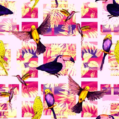 Geometrik arka planda suluboya kuşları olan tropikal, pürüzsüz bir desen. Renkli el çizimi çizimi. Egzotik yaz baskısı. 