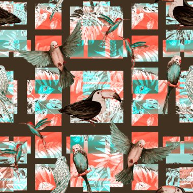 Geometrik arka planda suluboya kuşları olan tropikal, pürüzsüz bir desen. Renkli el çizimi çizimi. Egzotik yaz baskısı. 