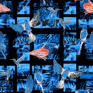 Geometrik arka planda suluboya kuşları olan tropikal, pürüzsüz bir desen. Renkli el çizimi çizimi. Egzotik yaz baskısı. 