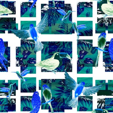 Geometrik arka planda suluboya kuşları olan tropikal, pürüzsüz bir desen. Renkli el çizimi çizimi. Egzotik yaz baskısı. 