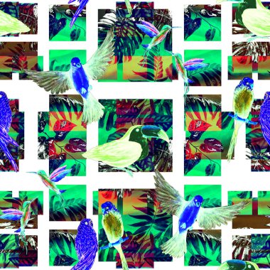 Geometrik arka planda suluboya kuşları olan tropikal, pürüzsüz bir desen. Renkli el çizimi çizimi. Egzotik yaz baskısı. 