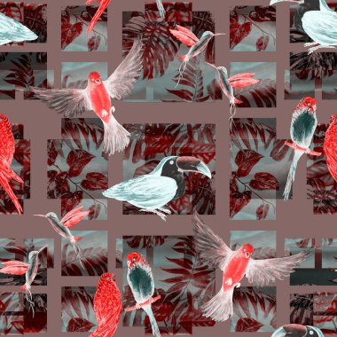 Geometrik arka planda suluboya kuşları olan tropikal, pürüzsüz bir desen. Renkli el çizimi çizimi. Egzotik yaz baskısı. 
