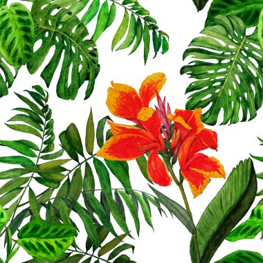 Hawaii çiçekli, suluboya tropikal resimli, pürüzsüz desen. Egzotik çiçek ve orman yaprakları. Klasik yaz baskısı. El çizimi..