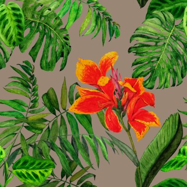 Hawaii çiçekli, suluboya tropikal resimli, pürüzsüz desen. Egzotik çiçek ve orman yaprakları. Klasik yaz baskısı. El çizimi..