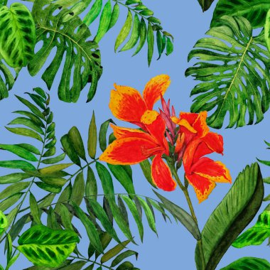 Hawaii çiçekli, suluboya tropikal resimli, pürüzsüz desen. Egzotik çiçek ve orman yaprakları. Klasik yaz baskısı. El çizimi..