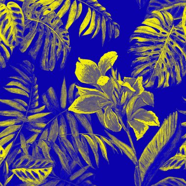 Hawaii çiçekli, suluboya tropikal resimli, pürüzsüz desen. Egzotik çiçek ve orman yaprakları. Klasik yaz baskısı. El çizimi..