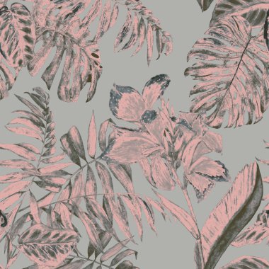 Hawaii çiçekli, suluboya tropikal resimli, pürüzsüz desen. Egzotik çiçek ve orman yaprakları. Klasik yaz baskısı. El çizimi..