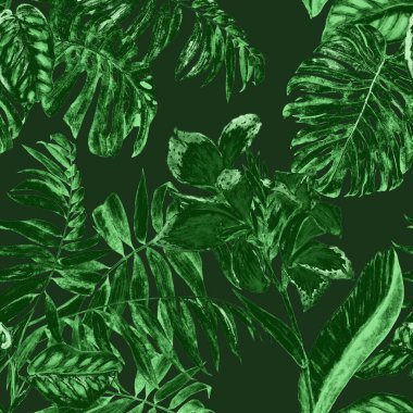 Hawaii çiçekli, suluboya tropikal resimli, pürüzsüz desen. Egzotik çiçek ve orman yaprakları. Klasik yaz baskısı. El çizimi..