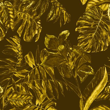 Hawaii çiçekli, suluboya tropikal resimli, pürüzsüz desen. Egzotik çiçek ve orman yaprakları. Klasik yaz baskısı. El çizimi..