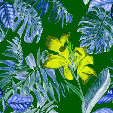 Hawaii çiçekli, suluboya tropikal resimli, pürüzsüz desen. Egzotik çiçek ve orman yaprakları. Klasik yaz baskısı. El çizimi..