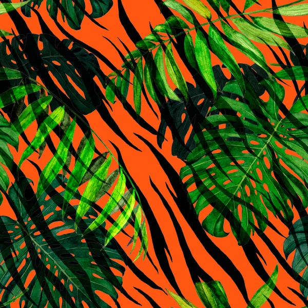 Watercolor Seamless Pattern Tropical Foliage Palm Monstera Animal Background Jungle — Stock Photo, Image