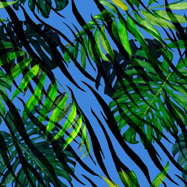Patrón Sin Costura Acuarela Con Follaje Tropical Palma Monstera Sobre —  Fotos de Stock