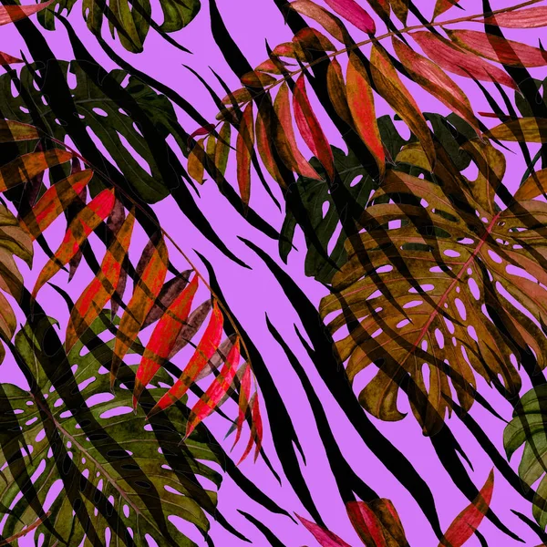 動物の背景に熱帯の葉 モンスター と水彩シームレスパターン ジャングルの葉 Print — ストック写真