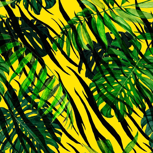 Watercolor seamless pattern with tropical foliage (palm, monstera) on animal background. Jungle foliage print.
