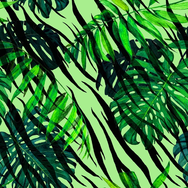 Watercolor Seamless Pattern Tropical Foliage Palm Monstera Animal Background Jungle — Stock Photo, Image