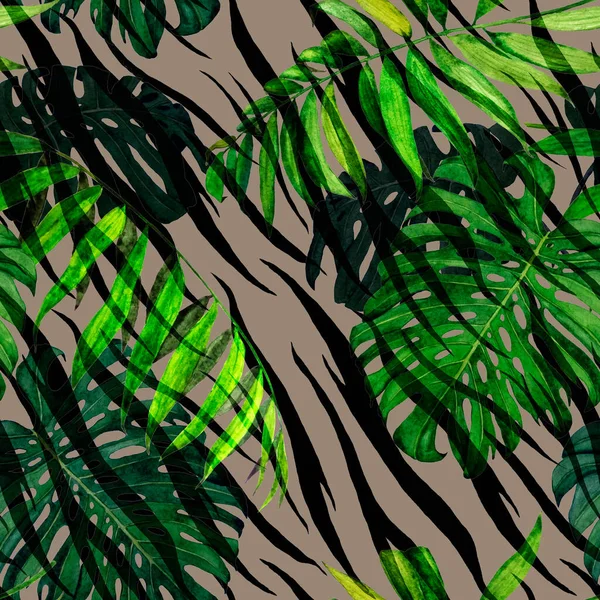 Watercolor Seamless Pattern Tropical Foliage Palm Monstera Animal Background Jungle — Stock Photo, Image