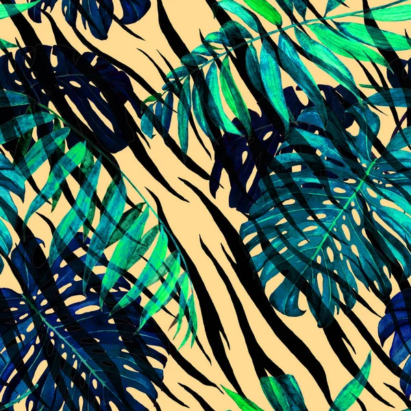 水色无缝图案 热带叶面 动物背景 灌丛叶印 — 图库照片