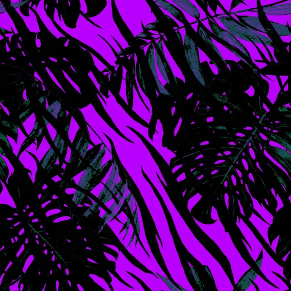 Akvarell Sömlöst Mönster Med Tropiska Blad Palm Monstera Djur Bakgrund — Stockfoto