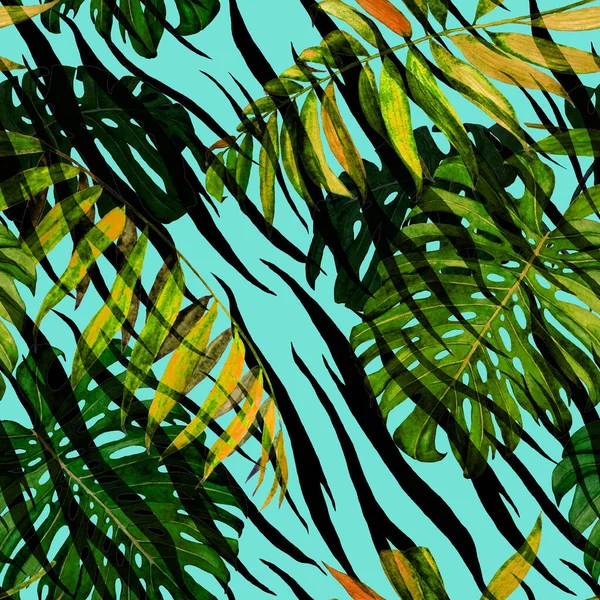 Watercolor seamless pattern with tropical foliage (palm, monstera) on animal background. Jungle foliage print.