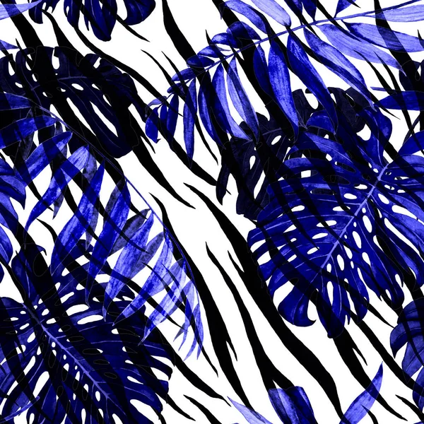 Watercolor seamless pattern with tropical foliage (palm, monstera) on animal background. Jungle foliage print.
