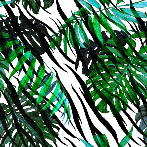 Akvarell Zökkenőmentes Minta Trópusi Lombozat Tenyér Monstera Állati Háttér Dzsungel — Stock Fotó