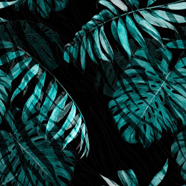 Watercolor Seamless Pattern Tropical Foliage Palm Monstera Animal Background Jungle — Stock Photo, Image