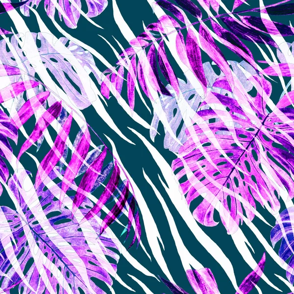 水色无缝图案 热带叶面 动物背景 灌丛叶印 — 图库照片
