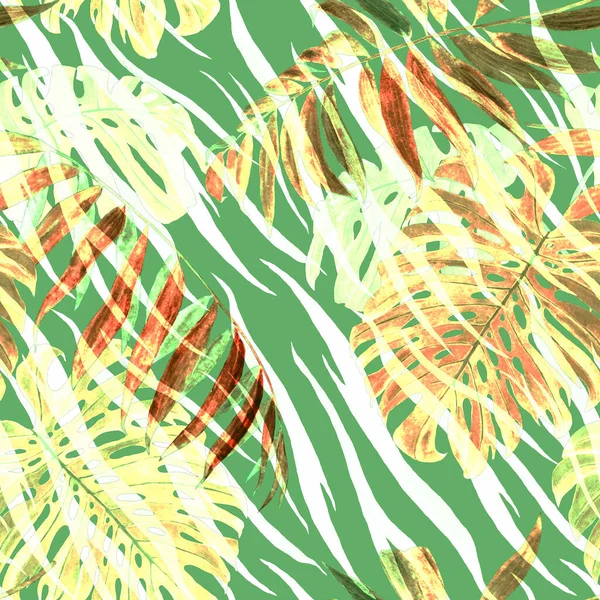 Aquarel Naadloos Patroon Met Tropisch Blad Palm Monstera Dierlijke Achtergrond — Stockfoto