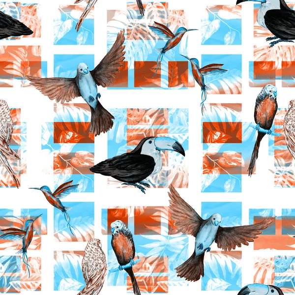 Tropical seamless pattern with watercolor birds on geometric background. Colorful hand drawn illustration. Exotic summer print. 