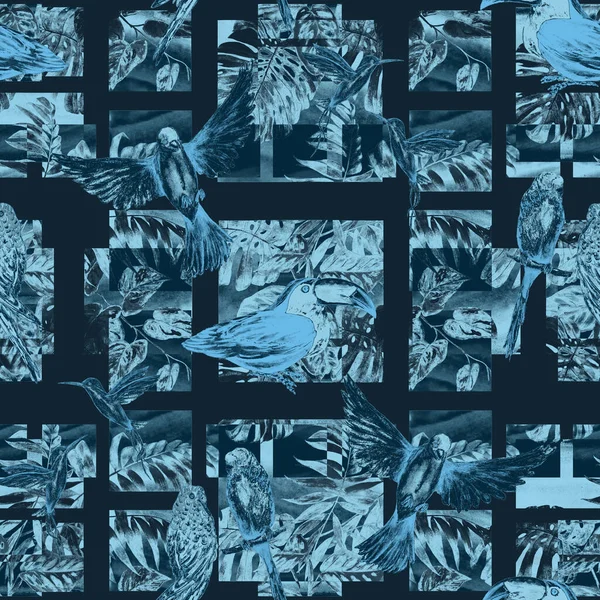 Modello Tropicale Senza Cuciture Con Uccelli Acquerello Sfondo Geometrico Illustrazione — Foto Stock