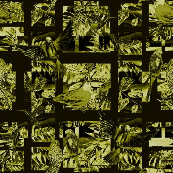Tropisches Nahtloses Muster Mit Wasserfarbenen Vögeln Auf Geometrischem Hintergrund Bunte — Stockfoto