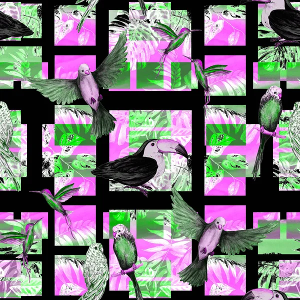 Тропический Бесшовный Рисунок Акварелью Птиц Геометрическом Фоне Красочная Ручная Иллюстрация — стоковое фото