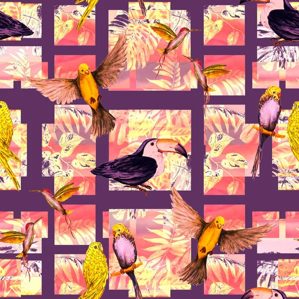 Tropické Bezešvé Vzor Akvarel Ptáků Geometrickém Pozadí Barevné Ručně Kreslené — Stock fotografie