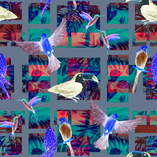 Modello Tropicale Senza Cuciture Con Uccelli Acquerello Sfondo Geometrico Illustrazione — Foto Stock