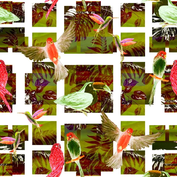 Tropiskt Sömlöst Mönster Med Akvarell Fåglar Geometrisk Bakgrund Färgglada Handritade — Stockfoto