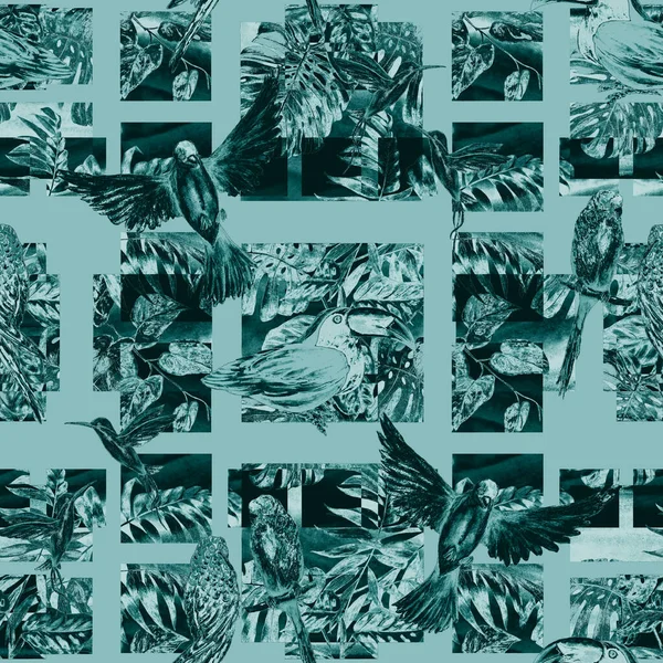 Tropisches Nahtloses Muster Mit Wasserfarbenen Vögeln Auf Geometrischem Hintergrund Bunte — Stockfoto