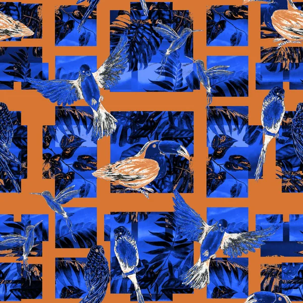 Tropické Bezešvé Vzor Akvarel Ptáků Geometrickém Pozadí Barevné Ručně Kreslené — Stock fotografie