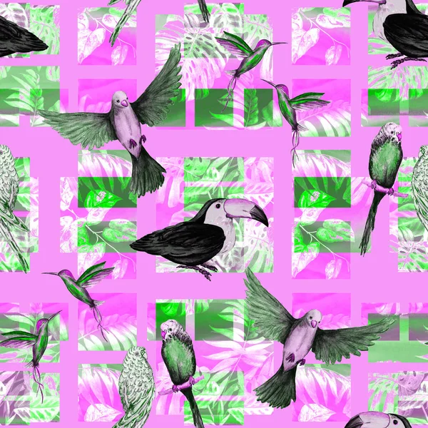 Tropikalny Bezszwowy Wzór Akwarelowymi Ptakami Geometrycznym Tle Kolorowe Ręcznie Rysowane — Zdjęcie stockowe