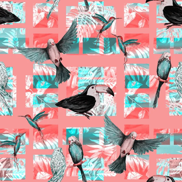 Tropical Seamless Pattern Watercolor Birds Geometric Background Colorful Hand Drawn — Stock Photo, Image