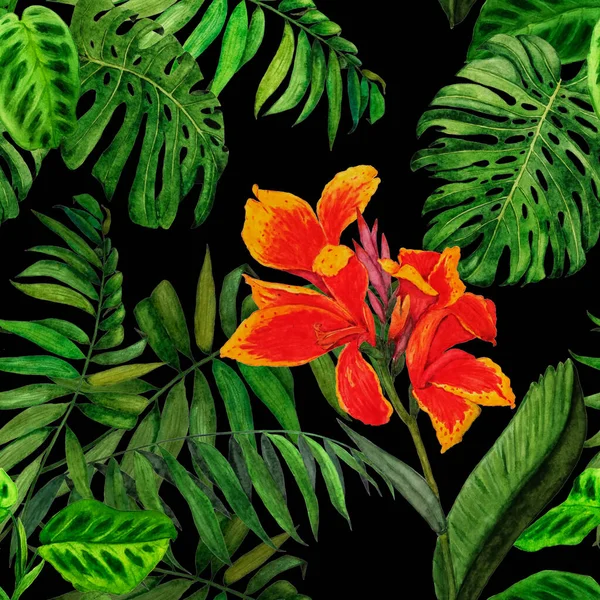 Patrón Sin Costura Floral Hawaiano Con Ilustración Tropical Acuarela Flores —  Fotos de Stock