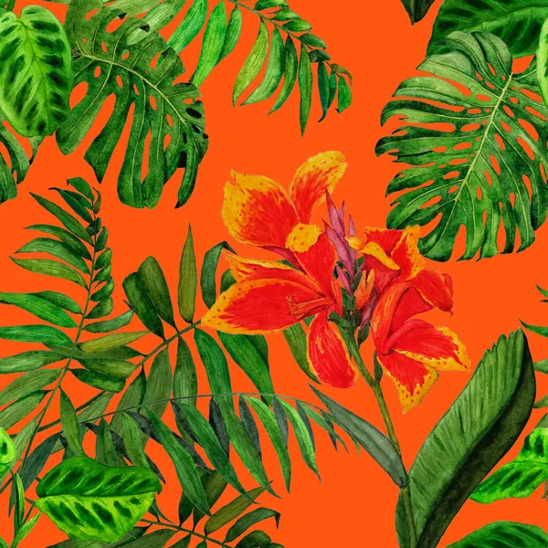Hawaii Çiçekli Suluboya Tropikal Resimli Pürüzsüz Desen Egzotik Çiçek Orman — Stok fotoğraf