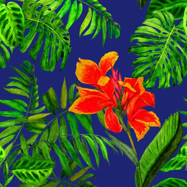 Hawaii çiçekli, suluboya tropikal resimli, pürüzsüz desen. Egzotik çiçek ve orman yaprakları. Klasik yaz baskısı. El çizimi..