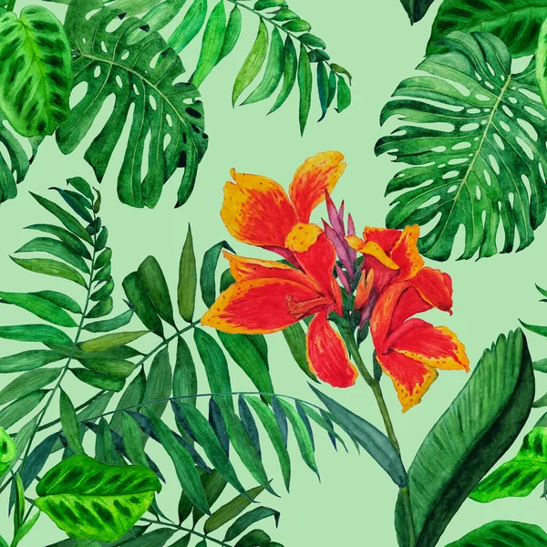 Patrón Sin Costura Floral Hawaiano Con Ilustración Tropical Acuarela Flores —  Fotos de Stock