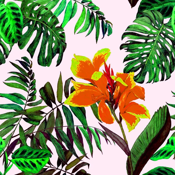 夏威夷植物无缝图案与水彩画热带 奇异的加拿大花和丛林中树叶 古老的夏季印刷品 — 图库照片