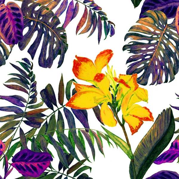 水彩熱帯イラストとハワイの花のシームレスなパターン エキゾチックなカンナの花やジャングルの葉 ヴィンテージ夏プリント 手描き — ストック写真