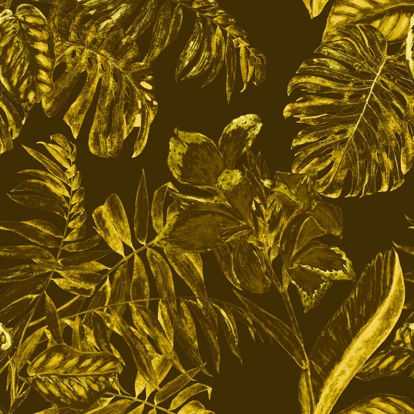 Hawaii çiçekli, suluboya tropikal resimli, pürüzsüz desen. Egzotik çiçek ve orman yaprakları. Klasik yaz baskısı. El çizimi..