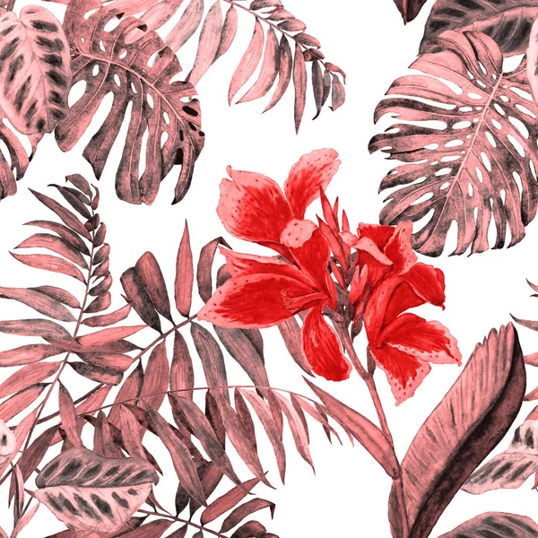 水彩熱帯イラストとハワイの花のシームレスなパターン エキゾチックなカンナの花やジャングルの葉 ヴィンテージ夏プリント 手描き — ストック写真