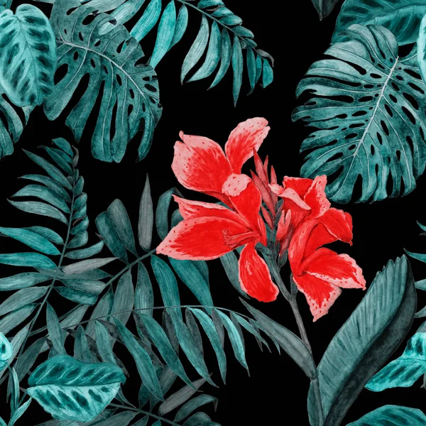 하와이 꽃무늬와 열대성 이국적 나뭇잎 우표를 손으로 — 스톡 사진