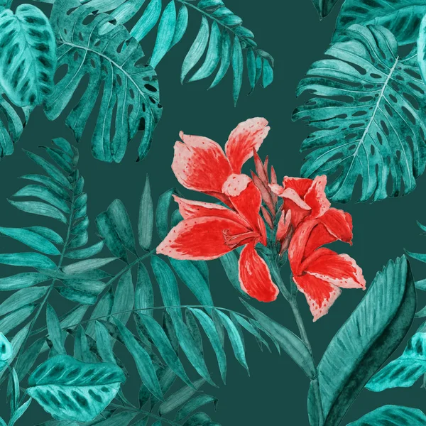 Hawaiian Pattern Floreale Senza Soluzione Continuità Con Acquerello Tropicale Illustrazione — Foto Stock