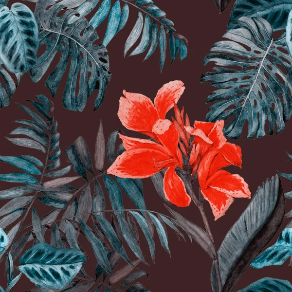 Χαβάης Floral Αδιάλειπτη Μοτίβο Υδατογραφία Τροπική Απεικόνιση Εξωτικά Άνθη Και — Φωτογραφία Αρχείου